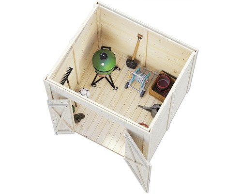 Gartenhaus mit Gartengeräten wie Grill, Spaten, Rechen, Gießkanne und Gartenschlauchwagen