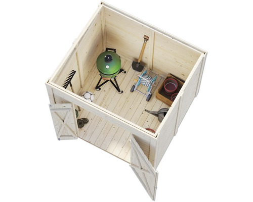 Gartenhaus mit Gartengeräten und Grill