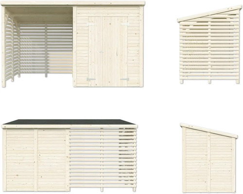 Verschiedene Ansichten eines Gerätehauses aus Holz mit Holzlager