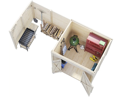 Holzgartenhaus mit Grill, Brennholz, Gartengeräten und Möbeln