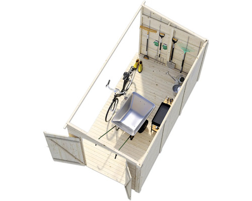 Innenansicht eines Gerätehauses mit Gartengeräten, Fahrrad und Schubkarre