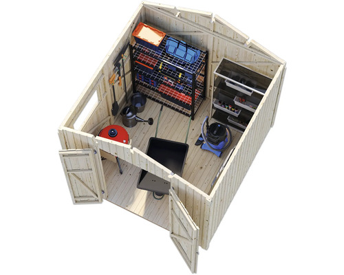 Ein Holzgartenhaus mit Regalen, Werkzeugen, Schubkarre und Staubsauger.