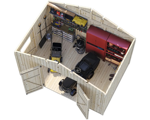 Einblick in ein Holzgartenhaus mit Gartengeräten, Rasenmäher und Werkzeug