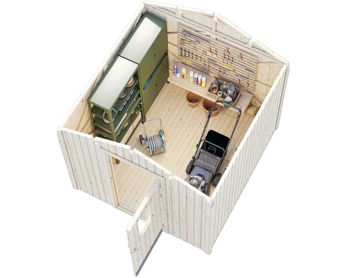 Innenansicht eines Gartenhauses mit Rasenmäher, Regalen und Werkzeugen