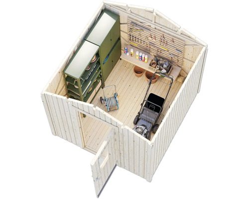 Innenansicht eines Gartenhauses mit Rasenmäher, Werkbank und Aufbewahrungsschränken