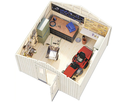 Innenansicht eines Holzgartenhauses mit Werkbank, Werkzeugen, Rasentraktor und Schubkarre.