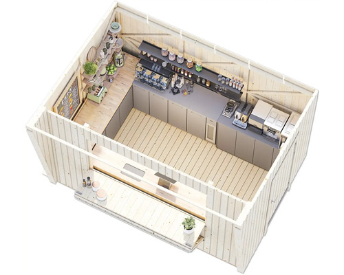 Ansicht eines Holzgartenhauses mit Café Einrichtung und Tresen