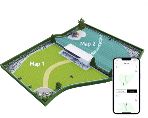 Draufsicht auf ein Grundstück mit zwei Mähbereichen und einem Smartphone mit Kartenansicht