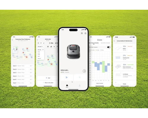 Mehrere Smartphones zeigen die App zur Steuerung eines Mähroboters auf einer Rasenfläche.