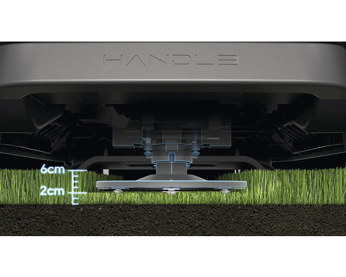 Detailaufnahme eines Mähroboters mit verstellbarer Schnitthöhe von 2 bis 6 cm über dem Rasen.
