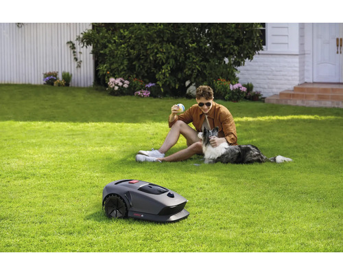 Ein Rasenmähroboter steht auf einer Rasenfläche, während ein Mann mit einem Hund im Hintergrund sitzt.