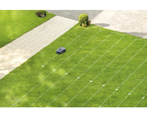 Rasenmähroboter bei der Arbeit auf Rasenfläche mit Begrenzungskabel