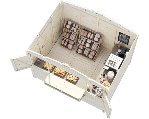 Holzgartenhaus mit Bäckerei-Einrichtung, inklusive Regalen, Brot, Gebäck, Kaffeemaschine und Theke