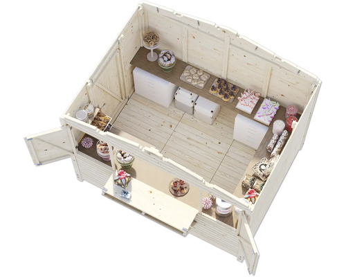 Ansicht von oben auf einen Holz-Verkaufsstand mit Süßigkeiten