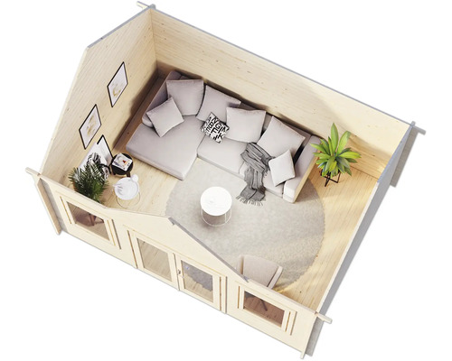 Holzgartenhaus mit Wohnbereich, Sofa, Tisch, Teppich und Dekoration