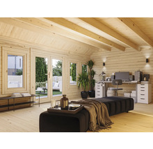 Holzhausinnenraum mit Fenstern, Tür, Möbeln und Arbeitsbereich
