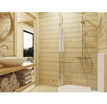 Badezimmer mit Dusche, Waschbecken und Holzverkleidung