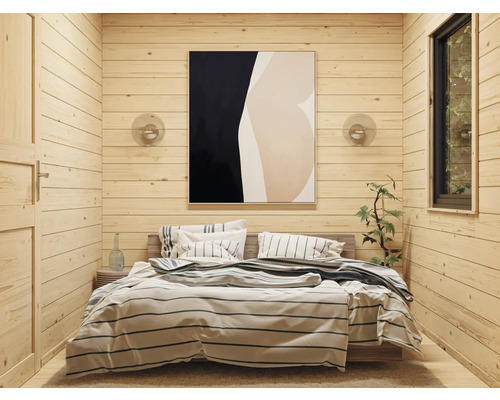Schlafzimmer mit Holzwänden, Bett und abstrakter Kunst