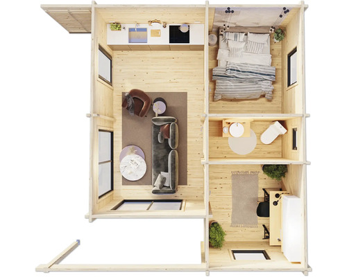 Draufsicht eines zweistöckigen Holzhauses mit Möbeln und Inneneinrichtung