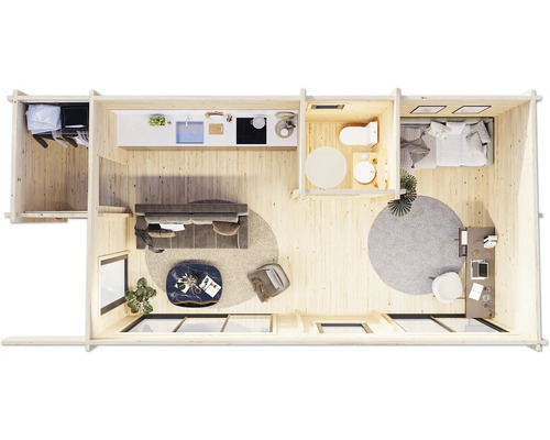 Grundriss eines Holzhauses mit Wohnzimmer, Küche, Bad und Schlafzimmer