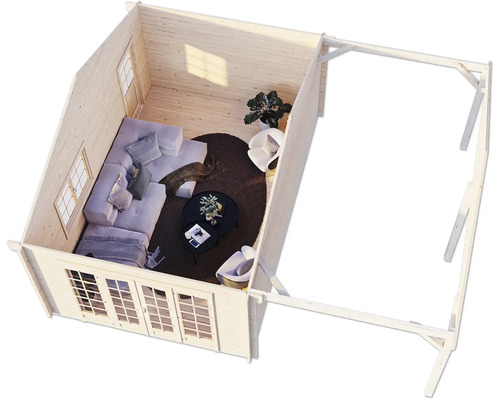 Innenansicht eines Gartenhauses mit Möbeln und Fenstern