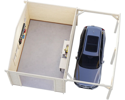 Ansicht von oben auf eine Garage aus Holz mit Auto und Werkbank