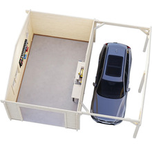 Draufsicht einer Holzgarage mit Auto und Werkbank