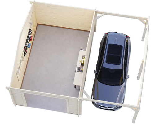 Aufbaubild einer Holzgarage mit Werkbank und Auto