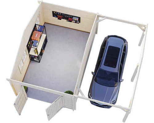 Innenansicht einer Garage aus Holz mit Auto, Werkbank und Werkzeugwand