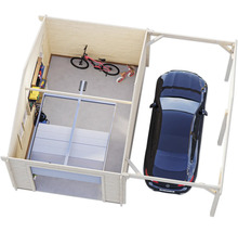 Draufsicht auf eine helle Holzgarage mit Auto, Fahrrad und Regalen zur Aufbewahrung