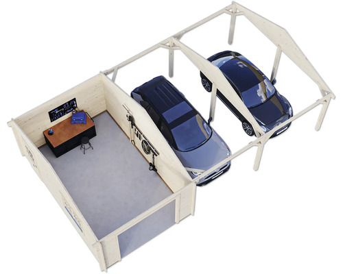 Doppelgarage aus Holz mit Werkstatt und zwei Autos