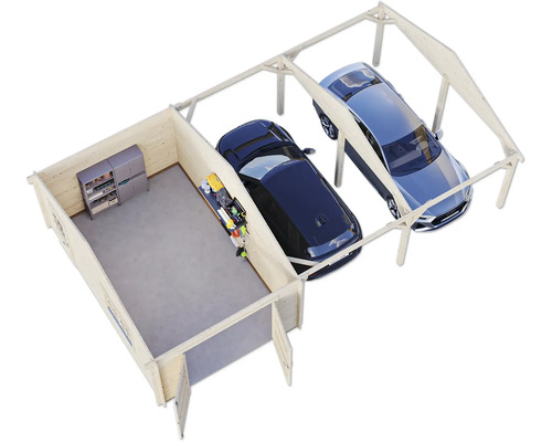 Darstellung einer Holzgarage mit zwei Stellplätzen, einem Abstellraum mit Regalen und Werkbank, inklusive zwei Autos.