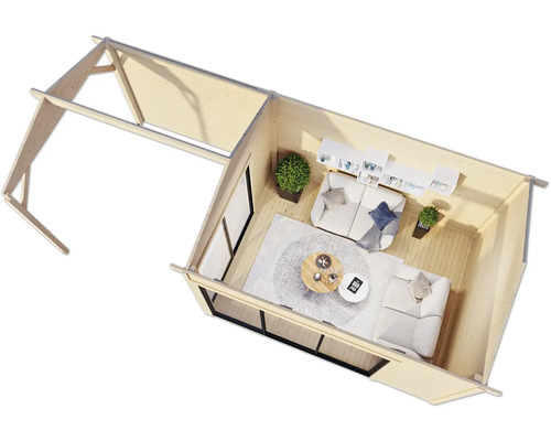 Dachkonstruktion mit Wohnbereich, Sofas, Tischen und Regalen von oben.
