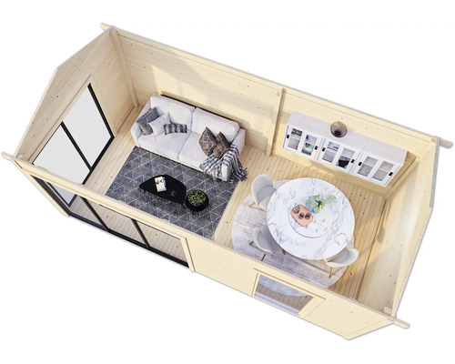 Innenansicht eines Holzhauses mit Wohnbereich und Essbereich