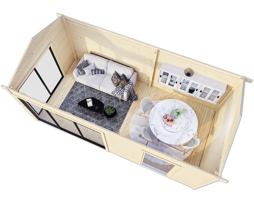 Innenansicht eines modernen Gartenhauses mit Wohnbereich und Essbereich.