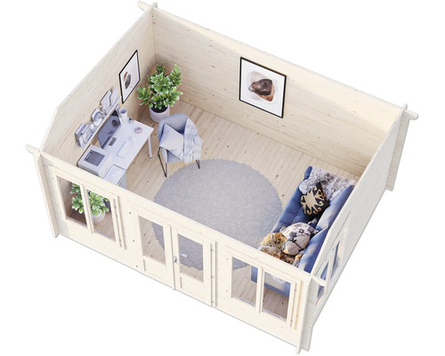 Innenansicht eines Holzgartenhauses mit Büro und Sitzecke