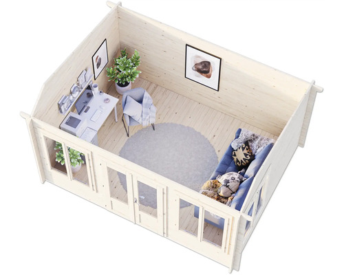 Innenansicht eines Gartenhauses mit Bürobereich und Sitzecke