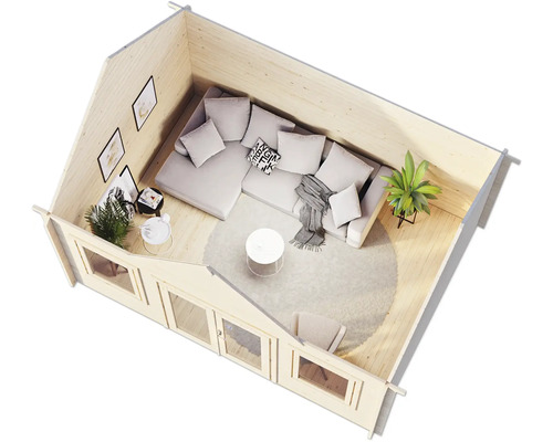 Innenansicht eines Holzhauses mit Wohnbereich, Sofa und Dekoration