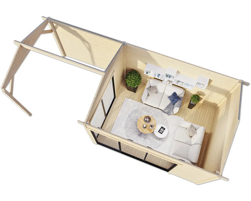 Dachkonstruktion eines hellen Gartenhauses mit Fenstern, Sofas und Tischen