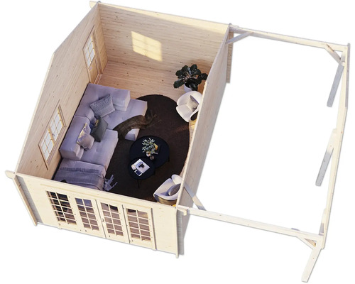 Innenansicht eines Holzgartenhauses mit Fenstern und Möblierung