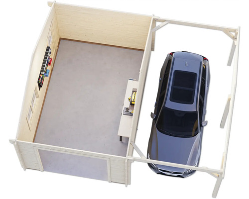 Draufsicht einer Holzgarage mit Auto, Werkbank und Werkzeugen