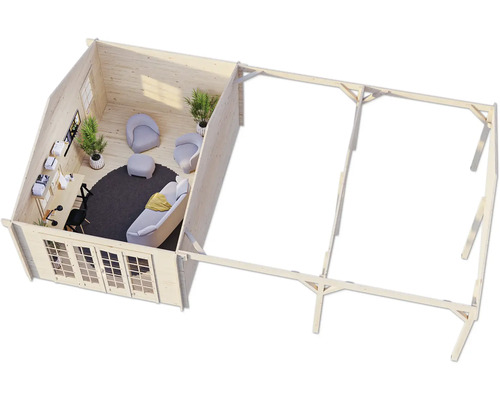 Draufsicht eines Gartenhauses mit Wohnbereich und überdachter Terrasse