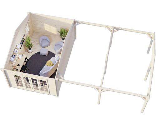 Holzgartenhaus mit Büroeinrichtung und überdachter Terrasse