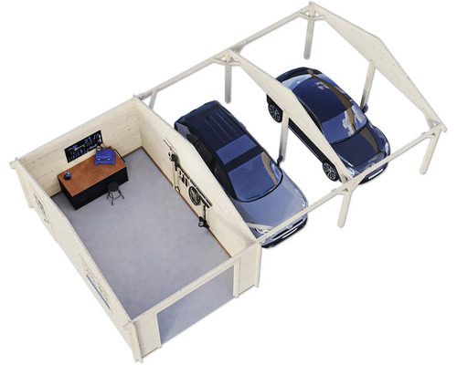 Doppelgarage aus Holz mit Werkstatt und zwei Autos