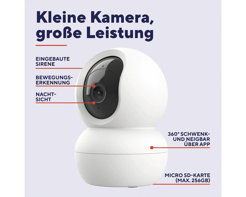 Weiße Überwachungskamera mit den Funktionen eingebaute Sirene, Bewegungserkennung, Nachtsicht, 360 Grad schwenkbar und neigbar über App, Micro SD-Karte bis maximal 256 Gigabyte