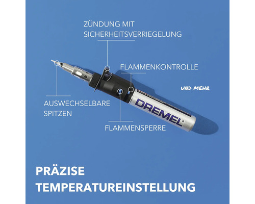 Dremel Gaslötkolben mit Zündung, Sicherheitsverriegelung, Flammkontrolle, Flammensperre und auswechselbaren Spitzen