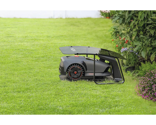 Mähroboter mit Ladestation auf Rasenfläche