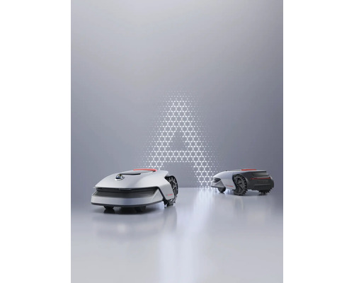 Zwei Rasenmähroboter vor einem dekorativen Hintergrund