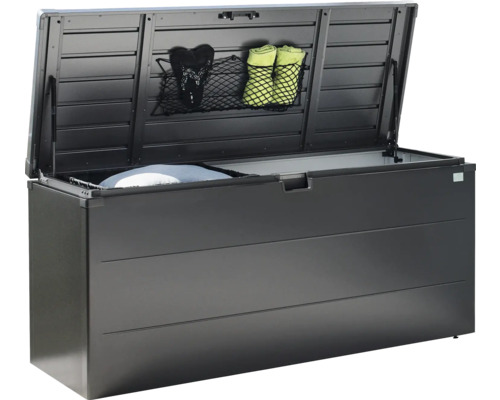 Geöffnete, rechteckige Aufbewahrungsbox für den Außenbereich mit Stauraum