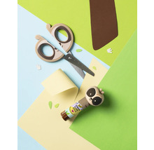 Kinderschere und Klebestift mit Faultier Design auf farbigem Papier